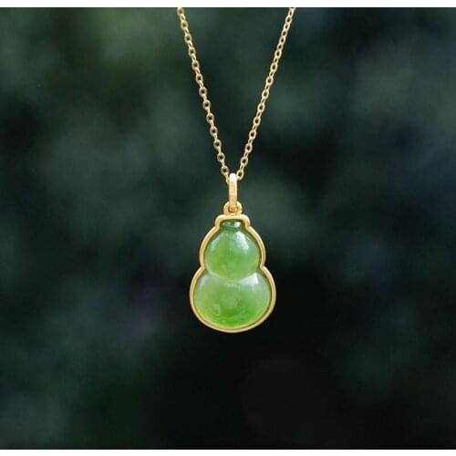 Natural Hetian Jade Green Jade Calabash Pendent 925 Sterling Silver 18K Pure Gold Jade Necklace Exorcising and Fortune Drawin