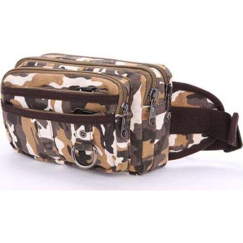 Camouflage zipper multi-layered pocket canvas mens horizontal waist bag Strong and durable canvas small waist bag Polyester