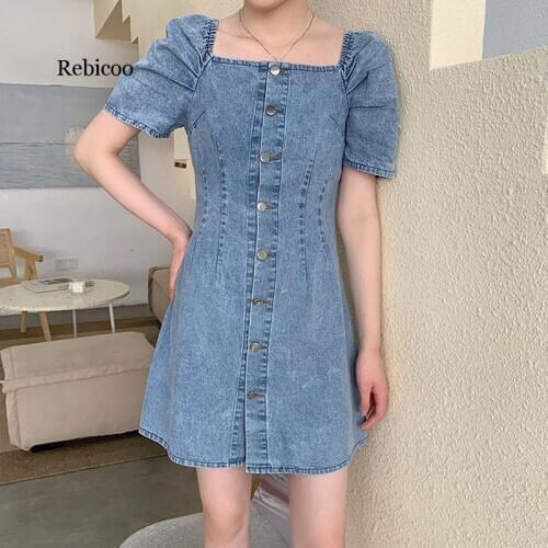 Vintage High Waist Dress Woman Elegant Denim Summer 2020 New Temperament Mini Dresses Womens Korean Fashion Student Short Sleeve
