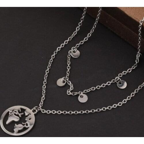 Floating World Map Double Layer Necklaces Stainless Steel Mirror Polished Wholesale Jewelry Pendant Necklaces 5pcs/lot