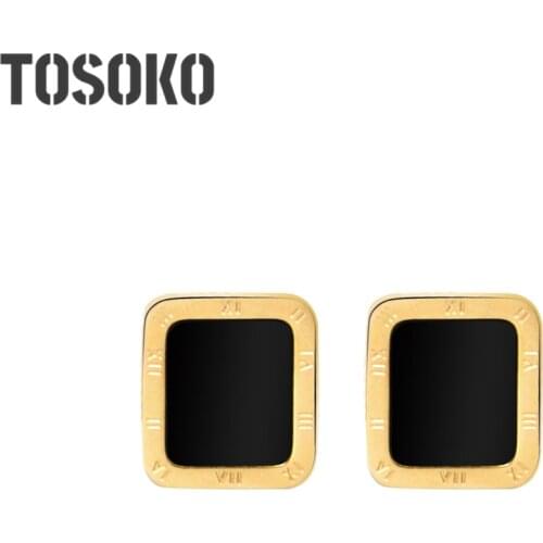 TOSOKO Stainless Steel jewelry Rectangular Roman Numeral Earrings Square Black Shell Earrings For Female BSF222