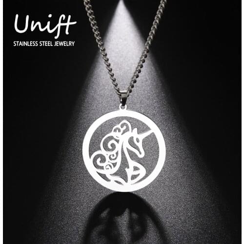 Unift Silver Color Unicorn Pendant Necklace for Women Men Stainless Steel Simple Lucky Amulet Jewelry Birthday Gifts Anime