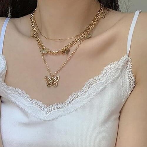 Vintage Multilayer Pendant Butterfly Necklace for Women Butterflies Moon Star Charm Choker Necklaces Boho Fashion Jewelry Gift