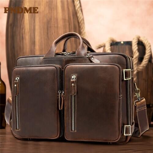 Large capacity vintage man mad-horse leather briefcase