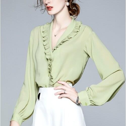 Green ruffles pleated women shirts 2020 summer new lantern sleeved loose office lady elegant shirts outwear coat tops