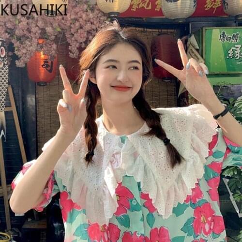 KUSAHIKI Summer 2021 New Floral Blouse Tops Korean Sweet Lace Ruffle Peter Pan Collar Blusas Femme Short Sleeve Shirts 6J157