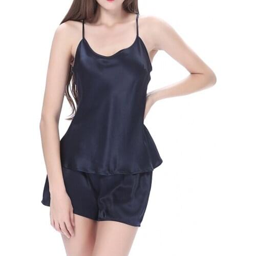 Womens 100% Real Silk Solid Colors Camisole Shorts Pajama Set Sleepwear M L XL 2XL 3097