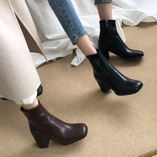 Womens Ankle Boots Leather Ankle Boots Square Head Thick Heel Side Zipper Winter Shoes Women Size 33-42