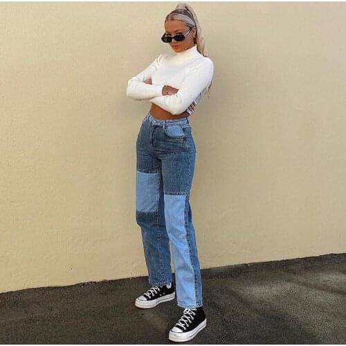 2021 Fashion Women Denim Straight Pants Color Block High Waist Loose Long Pants Summer Fall Hip-hop Punk Sweatpants Female