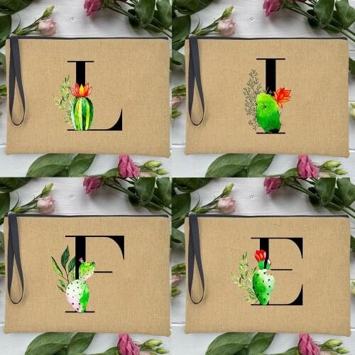Green Plant Cactus Letter Makeup Clutch Bag Pouch for Ladies Fashion Zipper Printed Cosmetic Storage Bags Cute Travel Handbag