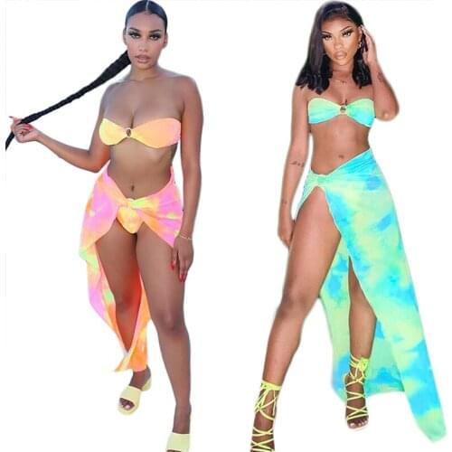 ZKYZWX Tie Dye 3 Piece Bikini Set Swimsuits Women Summer 2021 Off Shoulder Crop Top Long Dresses Sexy Outfits Matching Swimwear