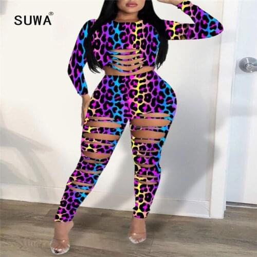 European fashion leopard print women set o neck long sleeve hollow 2 pieces tops and long pant tracksuits