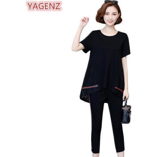 YAGENZ Plus Size Two Piece Sets Womens Clothing Tracksuit Summer Set Ladies Casual Tracksuits 2 Pieces Black Top And Pants 381