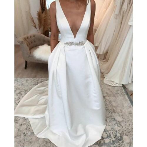 Sexy A-Line Long Deep V-Neck Satin Wedding Dresses with Pockets Floor Length Beaded Belt V-Back Bridal Gowns for Women