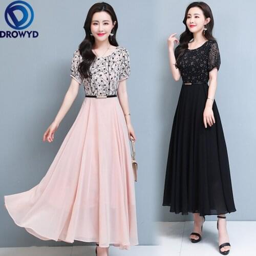 Elegant Chiffon Dresses Women Short Sleeve Round Neck Printed Splicing Maix Dress Black Pink Summer Beach Boho Party Vestidos
