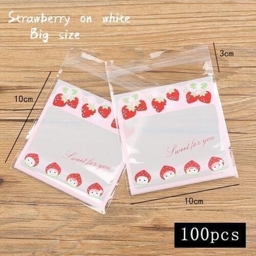100pcs/lot Cookies Ziplock Bag Transparent Cartoon Strawberry Homemade Handmade Snack Food Packaging Party Nougat Wrapper Bag