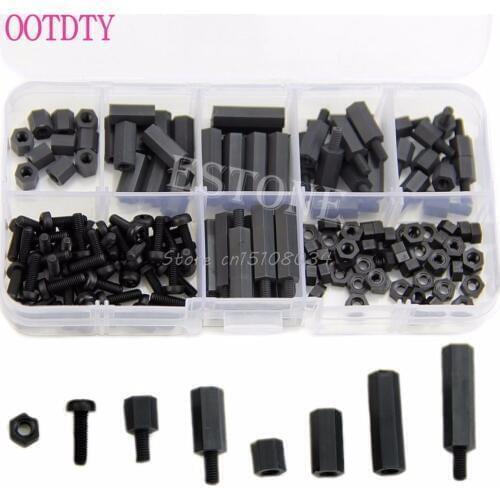 160Pcs M3 Nylon Black M-F Hex Spacers Screw Nut Assortment Kit Stand off Set Box S08 Wholesale&DropShip