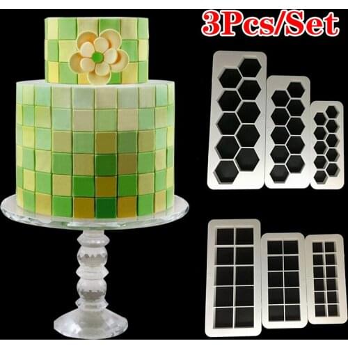3PCS Grid Shaped Cake Chocolate Fondant Mold Geometric Shape Plastic Printing Cookies Cutter Embosser Paste Cake Decoration
