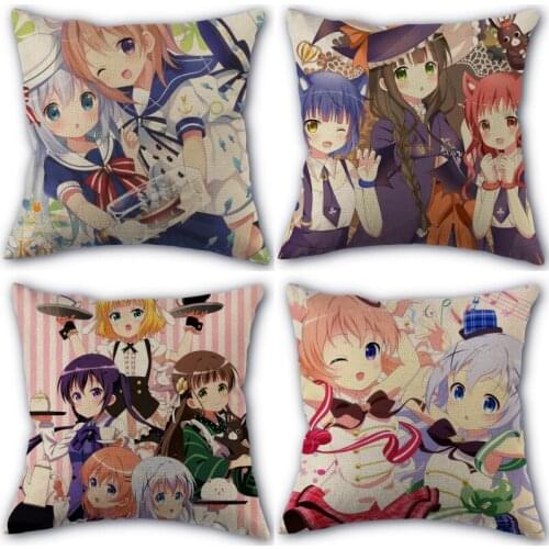 45X45cm Pillow Cover Gochuumon wa Usagi Desu ka Square Zipper Cotton Linen Pillow Cases Bedroom Home Decorative Pillowcase 03-03