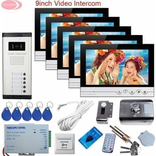 5 Apartments Wired Video Door Entry Video Doorman House Cable 9inch Color Video Door Phone Doorbell Rfid Unlock Electronic Lock