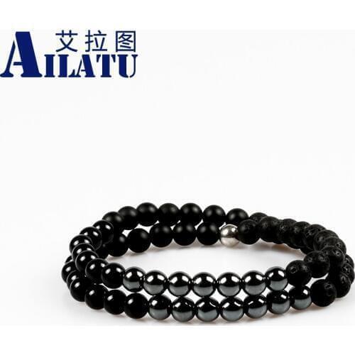 Ailatu Street Style 6mm Lava Stone, Black and Matte Glass Hematite Two Circles Energy Bracelet