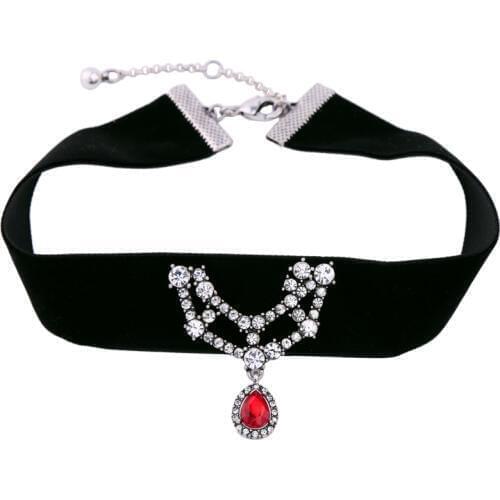 Black Velvet Wide Choker Necklace For Women Neck Jewelry Crystal Red Water-drop Pendant Chic Necklace Wholesale