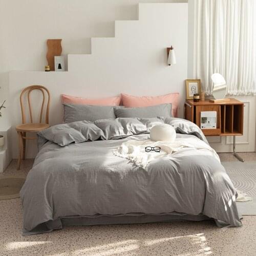 Cilected Japanese 100% Washed Quilt Cover And Pillowcase Soft Naked Sleeping Solid Color Duvet Cover 3Pcs Bedding Set No Sheet