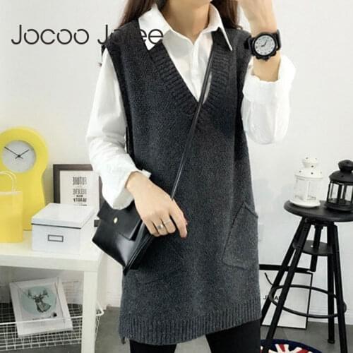 Jocoo Jolee Elegant V Neck Knitted Waistcoat Korean Harajuku Loose Sweater Vest Vintage Sleeveless Pullover Autumn Jumper Tops