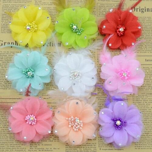 Artificial flowers good simulation flower feather belt with diamond camellia silk yarn DIY decorative flower wholesale hairpin d