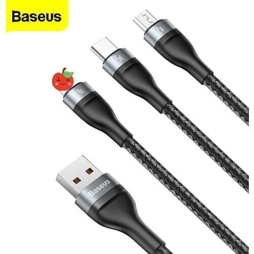 Baseus 5A USB Type C Cable For Xiaomi Samsung Fast Charging 3 in 1 Data Wire Cable For iPhone 11 Pro Xs Max 8 6S Micro USB Cable