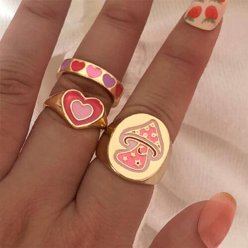 New Cute Pink Mushroom Rings for Women Girls Most Love Heart Ring Gold Silver color Enamel Metal Ring Lucky love Jewelry Gift