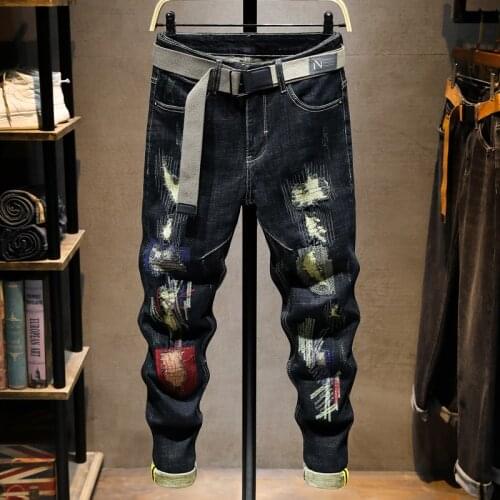 American Street Style Fashion Men Jeans Destroyed Embroidery Designer Elastic Slim Fit Ripped Jeans Patches Hip Hop Denim Pants