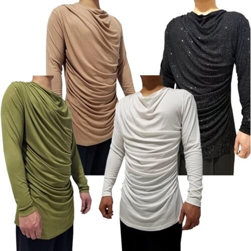 Men Latin Dance Shirts Shiny Fabric Long-Sleeved Top Salsa Rumba Tango Cha Cha Wear Male Adult Latin Practice Clothes DNV13328