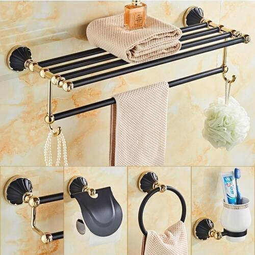New Black&Gold Bathroom Hardware Set Paper Holder Towel Bar Robe Hooks Toilet Brush Holders Shelves Bathroom Accessories