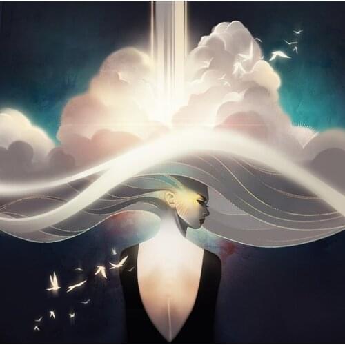 5D DIY Poured Glue Diamond Painting Kits Scalloped Edge Beautiful Long Hair Women With Cloud And Birds Home Wall Decoration Gift