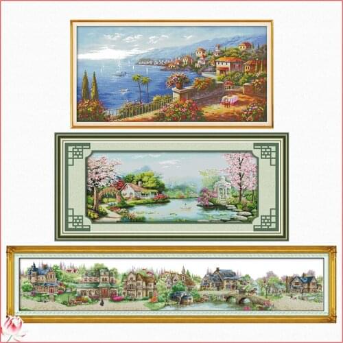Town Scenery Cross Stitch Kit DIY Mediterranean Style Pattern Embroidery 11CT 14CT Sewing Kit Home Decoration Craft Painting