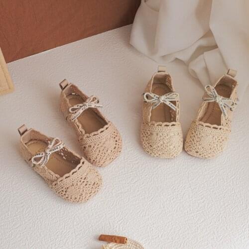 2021 summer new lace hollow French girls' shoes princess shoes with butterfly ribbon