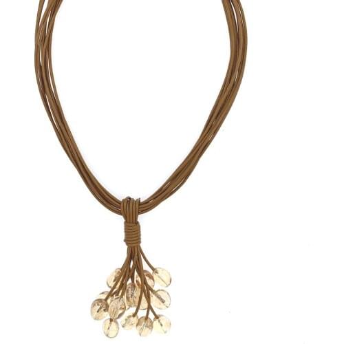 Irregular Nugget Oval Yellow Citrine Cluster Pendant Necklace With Beige Leather For Women Girls Gifts 18 Inch