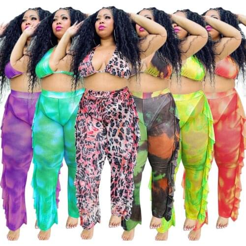 Transparent Mesh Plus Size See Through Womens Summer Hollowed-Out Bikini Flounces Wide Leg Pants 2 Pcs Set Including underwear