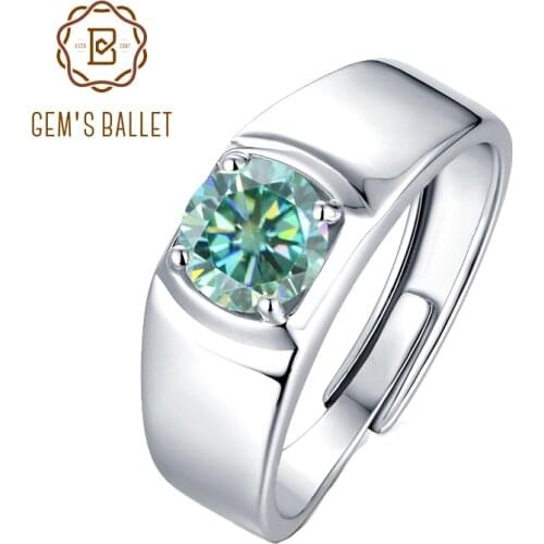 GEMS BALLET 925 Sterling Silver Mens Engagement Ring 1.0Ct 6.5mm Green Color Moissanite Adjustable Rings Fathers Day Gift