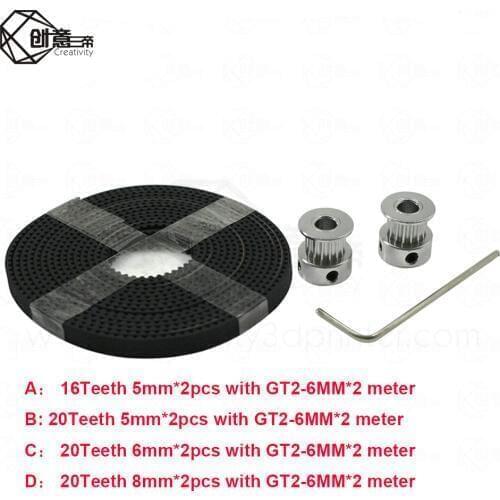 2 pcs GT2-6mm 16teeth Timing Alumium Pulley Bore 5mm Belt Width 6mm 2 Meters GT2 belt Timing Belt For Reprap 3D Printer Parts