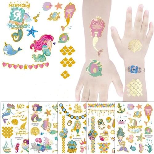 Water Tattoos for Kids Cartoon Silver Gold Flash Tattoo Sticker Sea Mermaid Temporary Tattoos Children Girls Hand Finger Decal