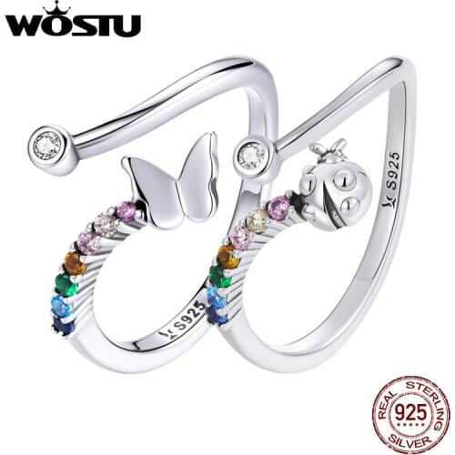 WOSTU 925 Sterling Silver Rainbow Butterfly Ring Shining Zircon Open Finger Ring For Women Silver Jewelry Gift CQR730