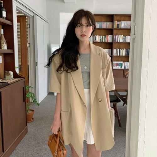 2021 New Women Summer Oversize Long Blazer Coat Half Sleeve Single Button Loose Jacket Pockets