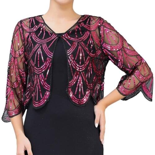 1920s Sequin Shawl Wraps Gatsby Beaded Evening Cape Bridal Bolero Shrug Vintage V-neck Midi Sleeve See-through 20s Party Shawl