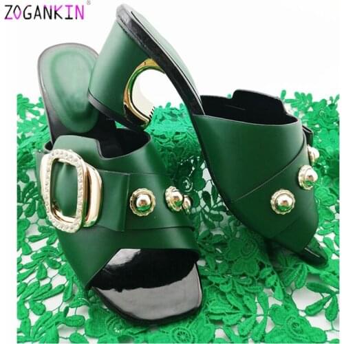 2019 High Quality Pu Nigerian Style Slipper African Ladies Comfortable Heels with Matals African Party Shoes in Dark Green Color