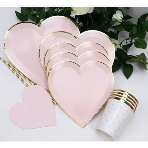 65Pcs/lot Gold Pink Disposable Tableware Paper Plates Cups Straws Party Wedding Birthday Carnival Valentines Day Supplies Decor