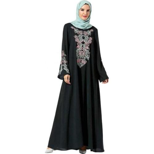 Abaya Kimono Muslim Plus Size Womens Clothing Characteristic Plant Embroidery Big Hem Headscarf Dress For Women Casual Robe