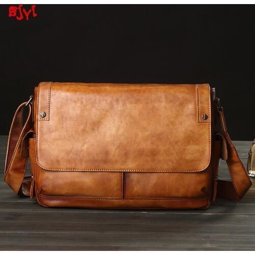 Business casual leather mens bag horizontal section cowhide vintage shoulder messenger bag men laptop bags postal briefcases