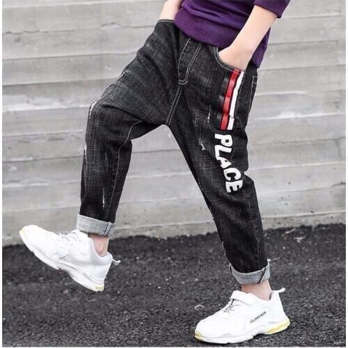 2020 new spring and autumn childrens denim pants fashion hip-hop boys jeans cartoon holes jean for boy denim long trousers